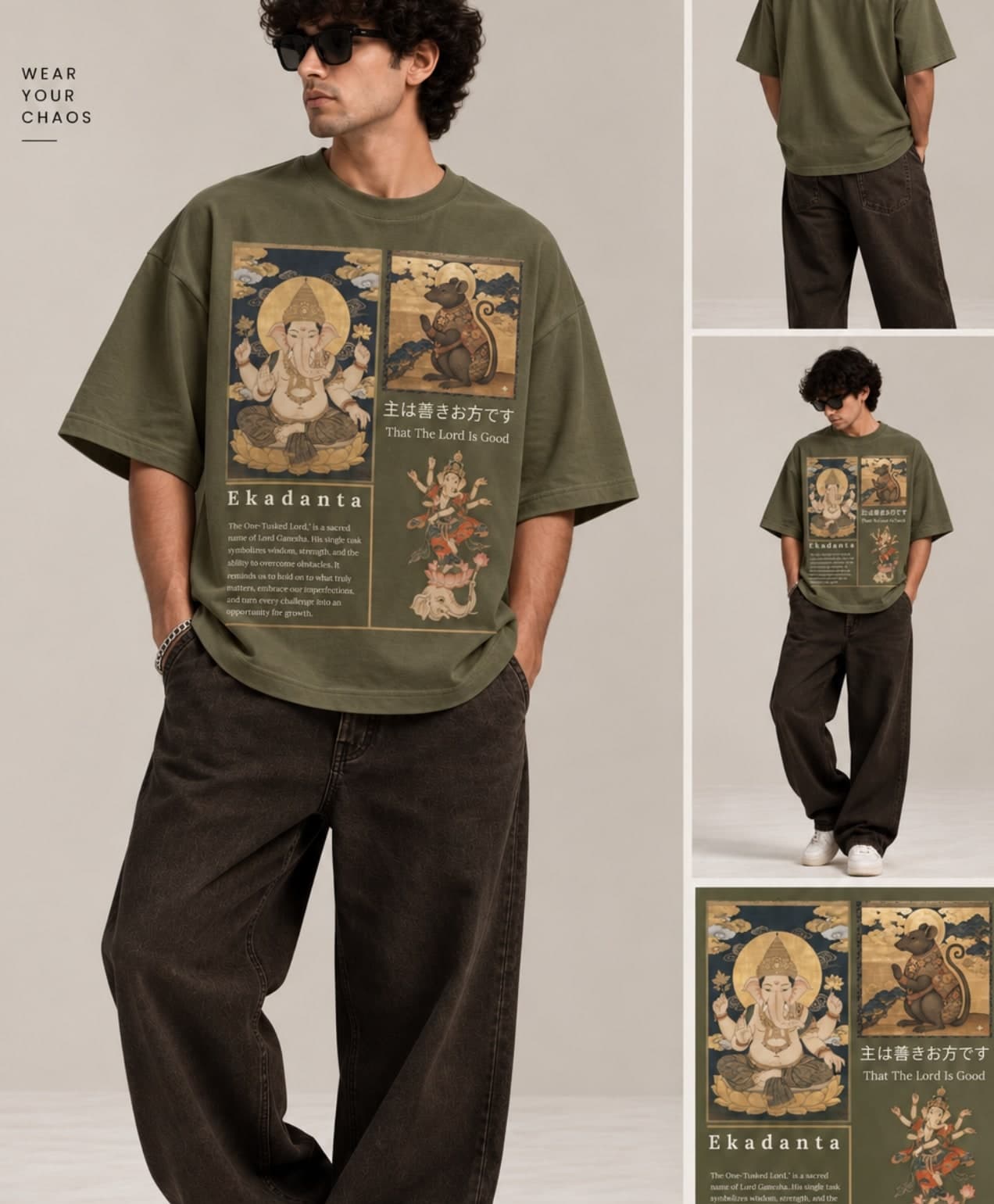 Ekadanta Graphic Tee — Green unisex tee, shown on model (unisex fit)