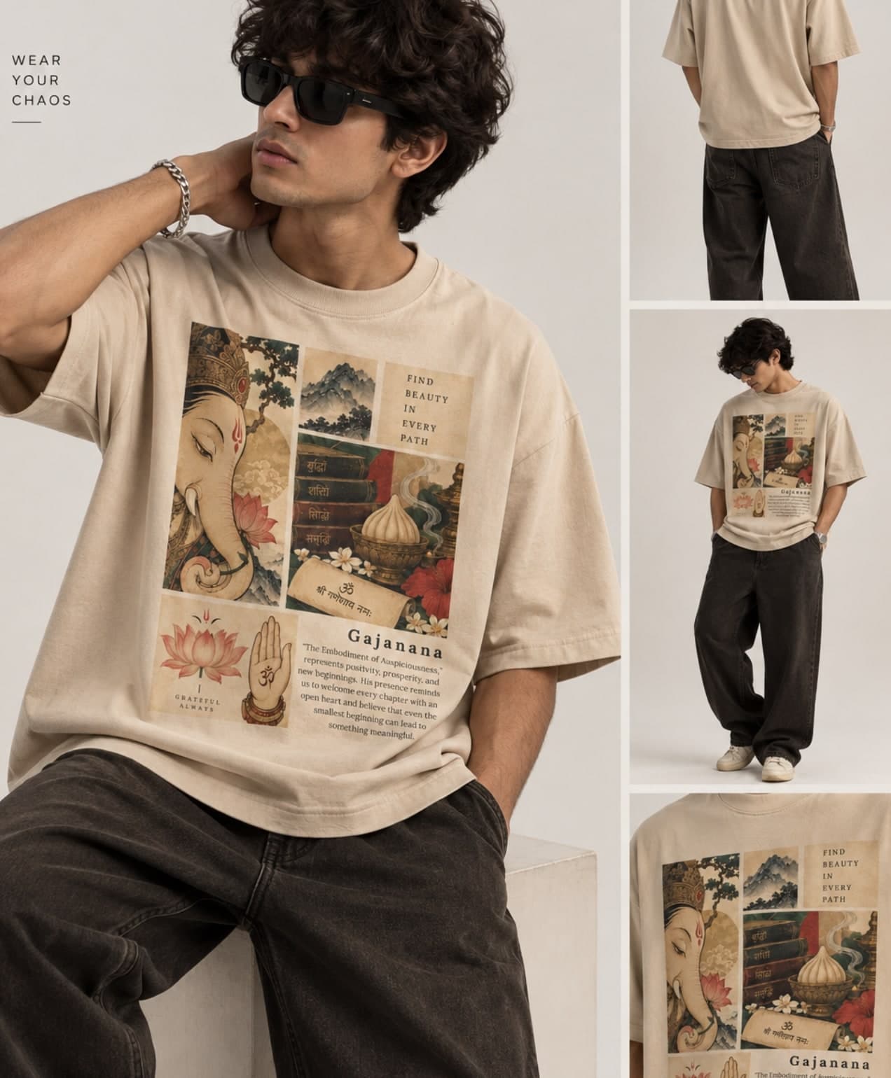 Gajanana Graphic Tee — Green unisex tee, shown on model (unisex fit)