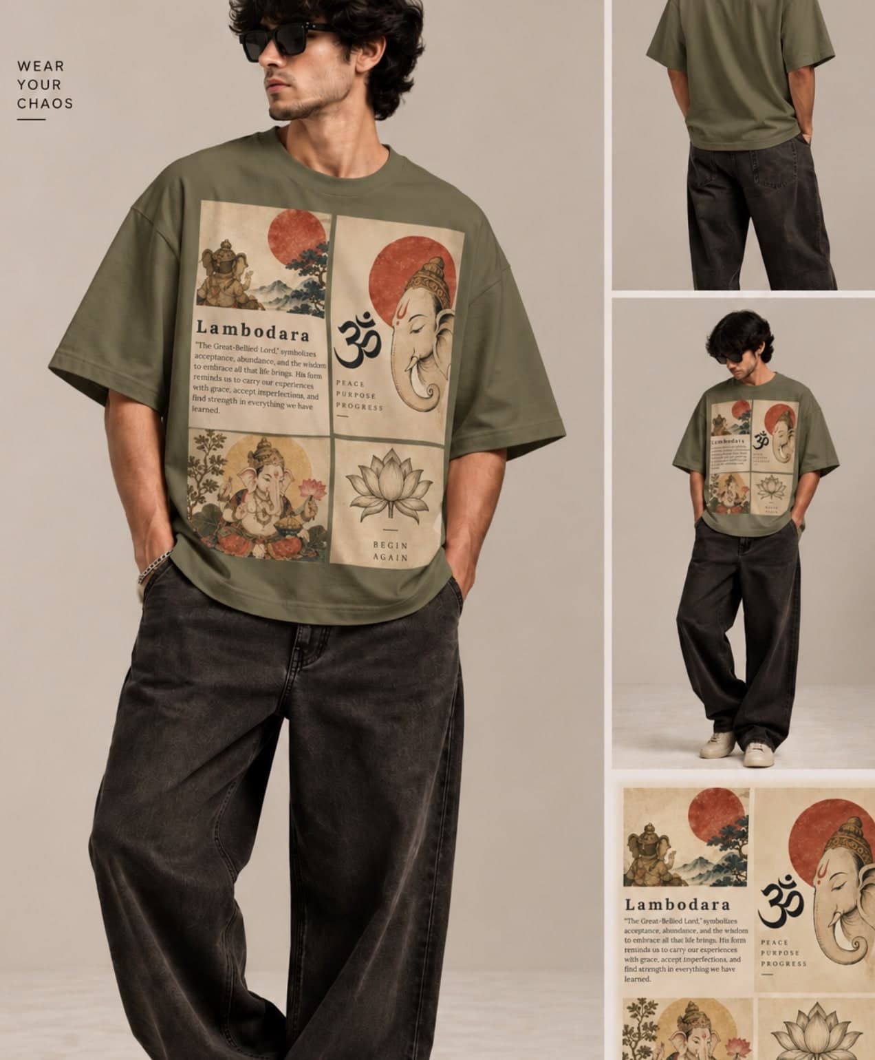 Lambodara Graphic Tee — Green unisex tee, shown on model (unisex fit)