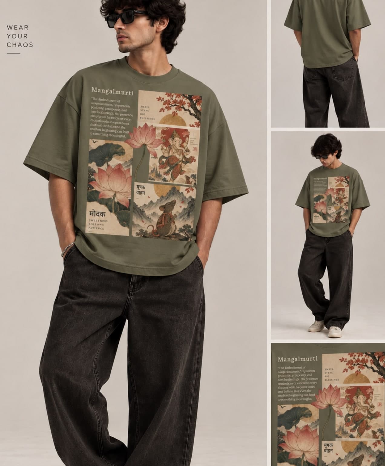 Mangalmurti Graphic Tee — Green unisex tee, shown on model (unisex fit)