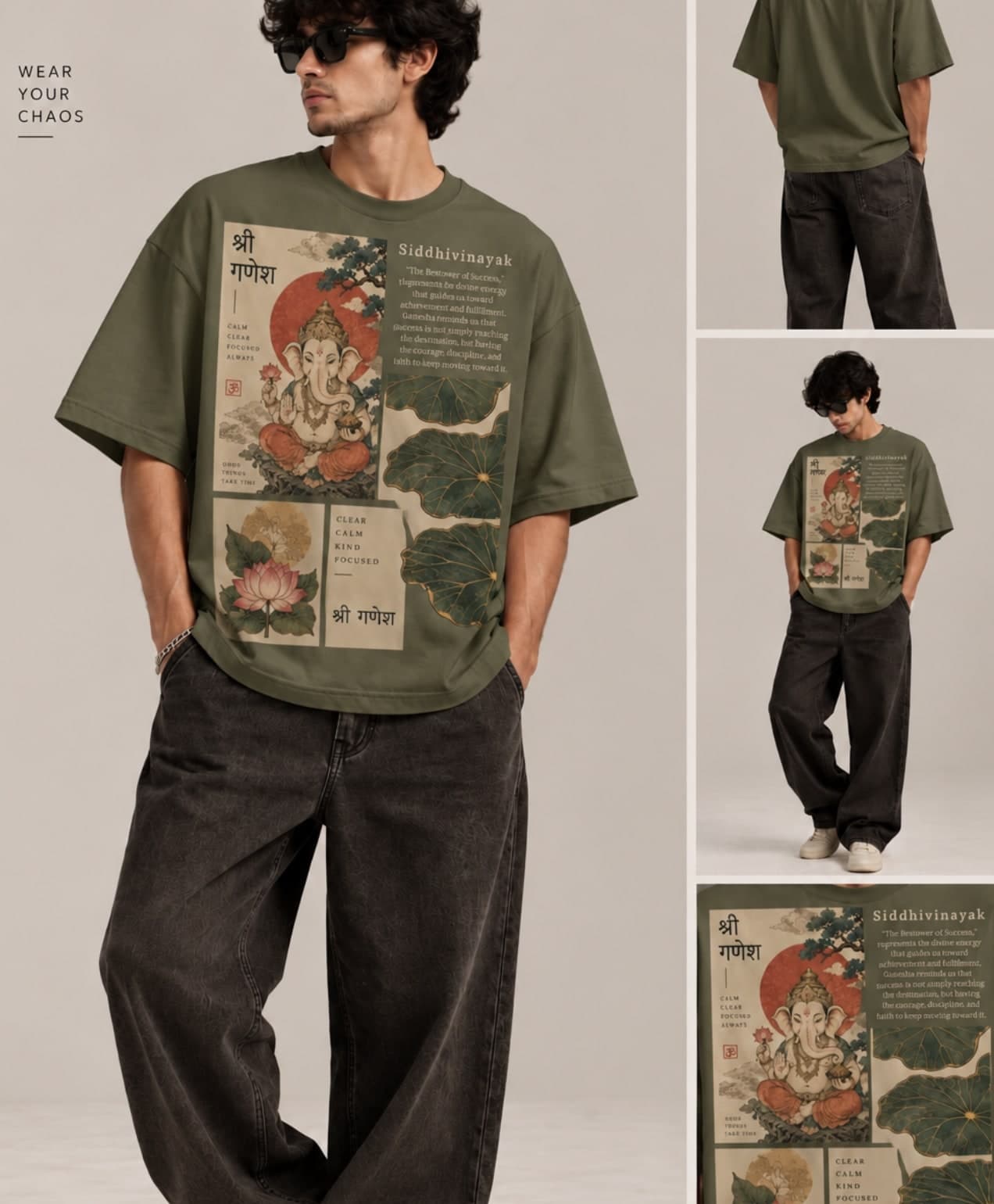 Siddhivinayak Graphic Tee — Green unisex tee, shown on model (unisex fit)