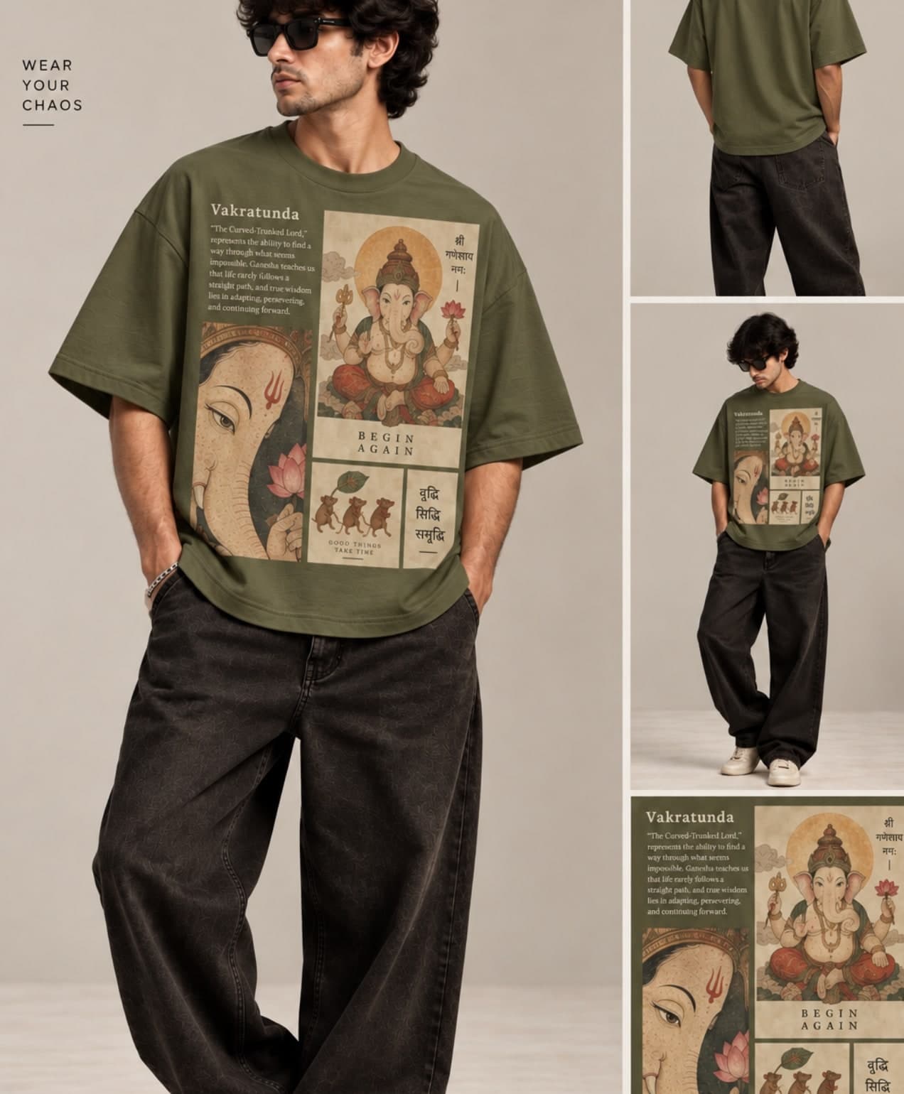 Vakratunda Graphic Tee — Green unisex tee, shown on model (unisex fit)