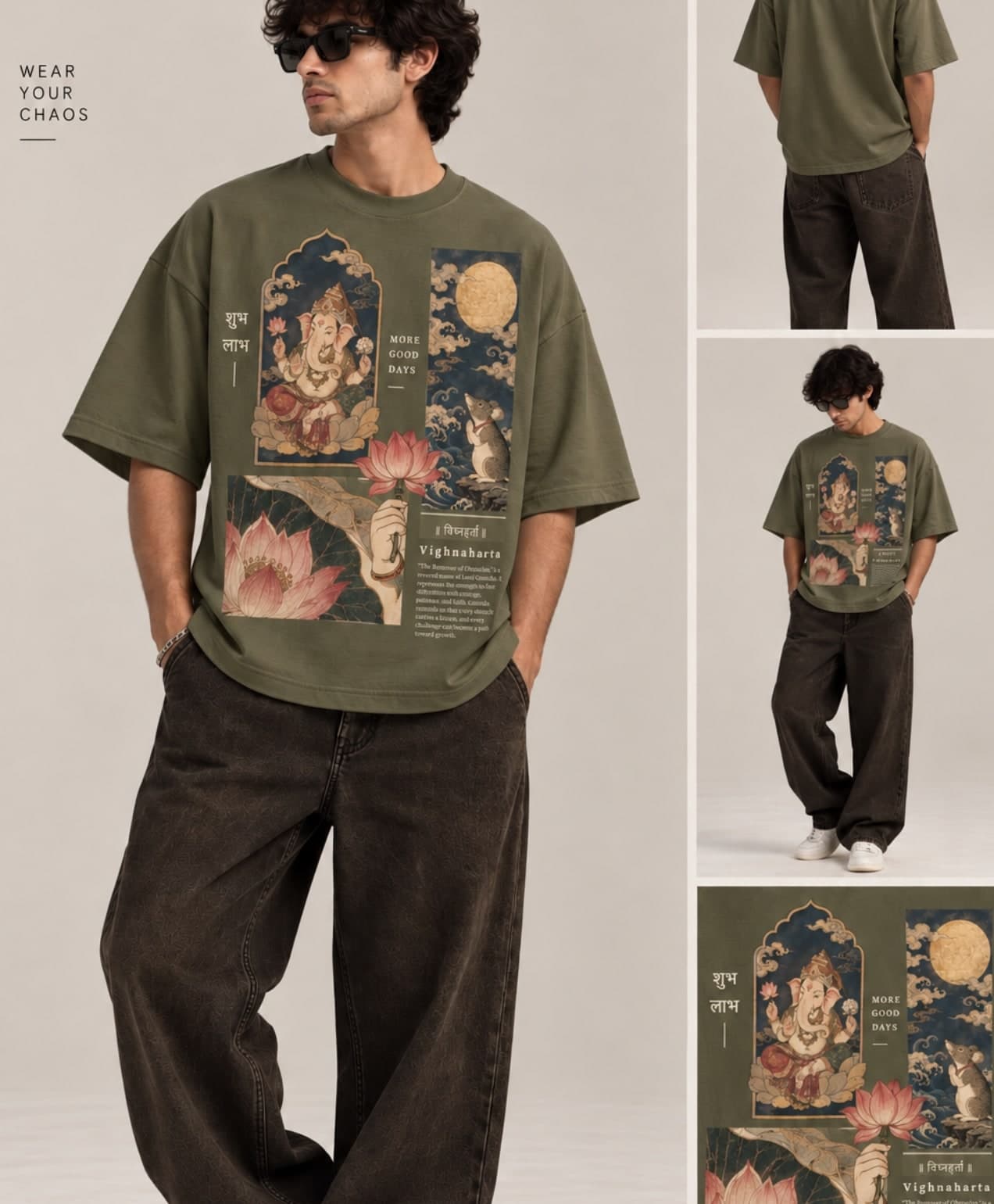 Vighnaharta Graphic Tee — Green unisex tee, shown on model (unisex fit)